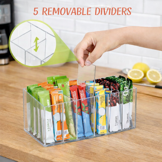 Frolunora® Multi-Purpose Drink Packet Organizer with Removable Dividers, Adhesive & Magnetic Mounting, Durable Acrylic Design – Ideal for Tea Bags, Drink Mixes & More