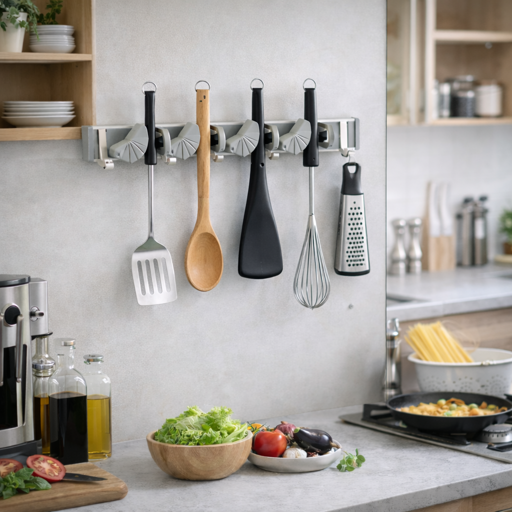 Frolunora® Space-Saving Wall Mounted Tool Organizer with 4 Adjustable Slots & 4 Hooks
