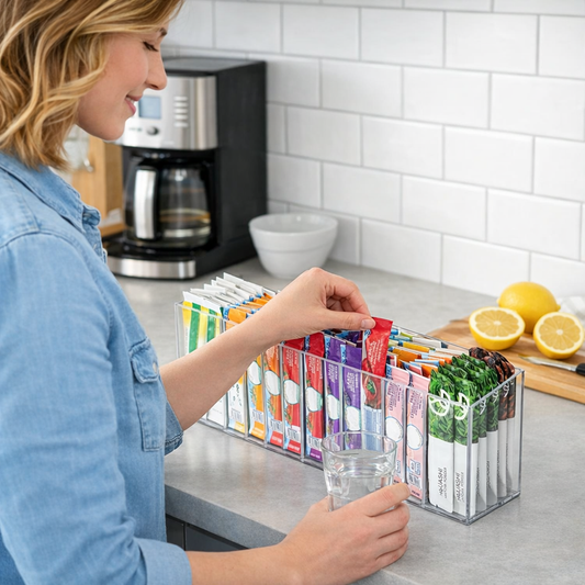 Frolunora® Multi-Purpose Drink Packet Organizer with Removable Dividers, Adhesive & Magnetic Mounting, Durable Acrylic Design – Ideal for Tea Bags, Drink Mixes & More
