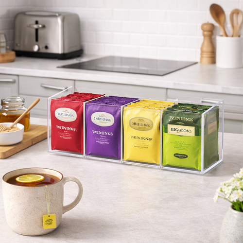 Frolunora® Multi-Purpose Drink Packet Organizer with Removable Dividers, Adhesive & Magnetic Mounting, Durable Acrylic Design – Ideal for Tea Bags, Drink Mixes & More