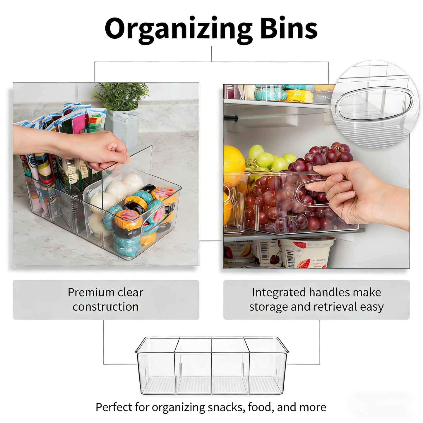 Frolunora® 4-Section Storage Bin with Removable Dividers – Perfect for Kitchen, Pantry, and Refrigerator Organization – BPA-Free, Durable, and Easy to Clean