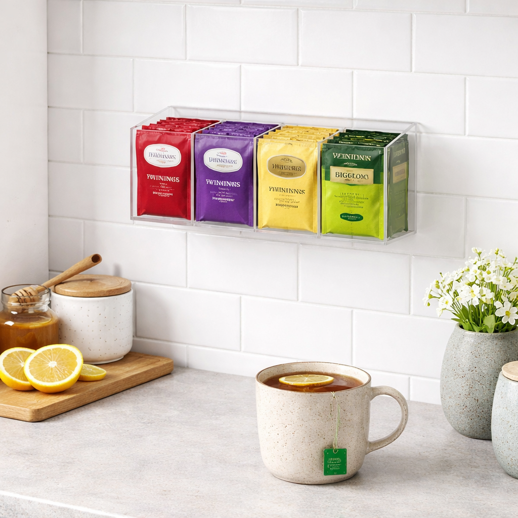 Frolunora® Multi-Purpose Drink Packet Organizer with Removable Dividers, Adhesive & Magnetic Mounting, Durable Acrylic Design – Ideal for Tea Bags, Drink Mixes & More