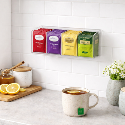 Frolunora® Multi-Purpose Drink Packet Organizer with Removable Dividers, Adhesive & Magnetic Mounting, Durable Acrylic Design – Ideal for Tea Bags, Drink Mixes & More