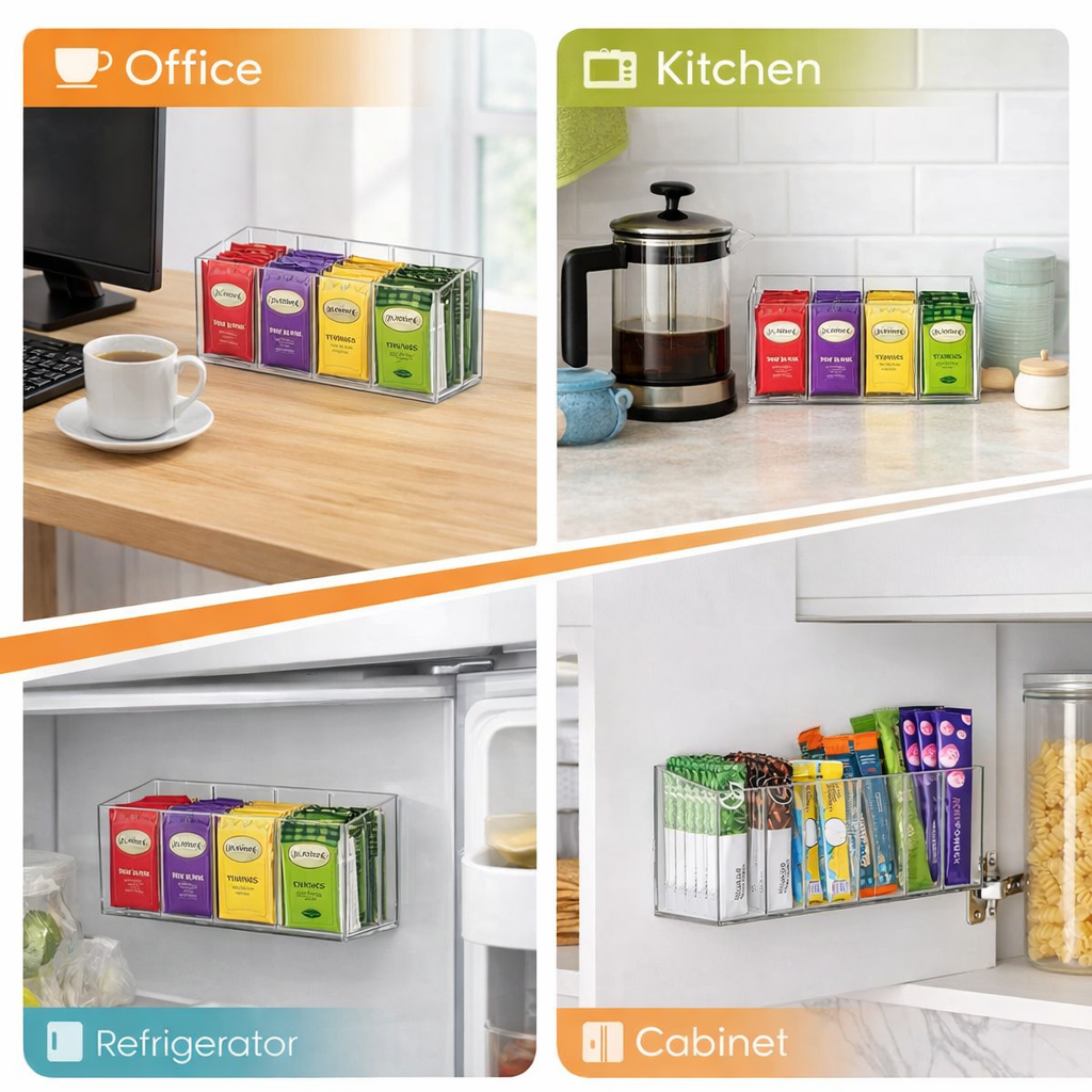 Frolunora® Multi-Purpose Drink Packet Organizer with Removable Dividers, Adhesive & Magnetic Mounting, Durable Acrylic Design – Ideal for Tea Bags, Drink Mixes & More