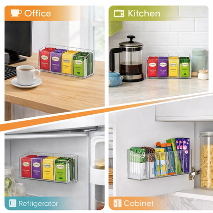 Frolunora® Multi-Purpose Drink Packet Organizer with Removable Dividers, Adhesive & Magnetic Mounting, Durable Acrylic Design – Ideal for Tea Bags, Drink Mixes & More